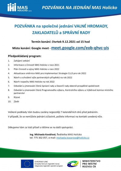 Pozvánka na Valnou hromadu MAS Holicko - 9.12.2021