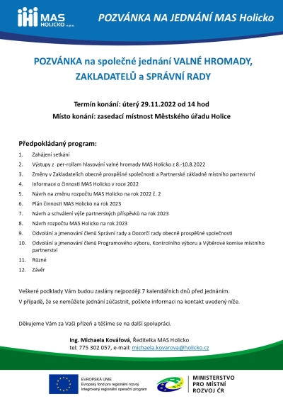 Pozvánka na Valnou hromadu MAS Holicko - 29.11.2022