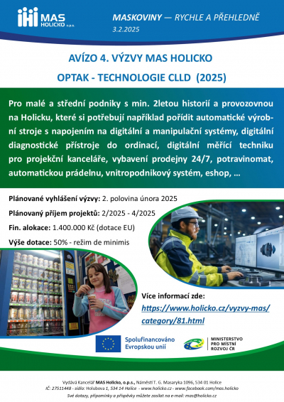 Avízo 4. výzvy MAS Holicko - OPTAK - Technologie CLLD (2025)